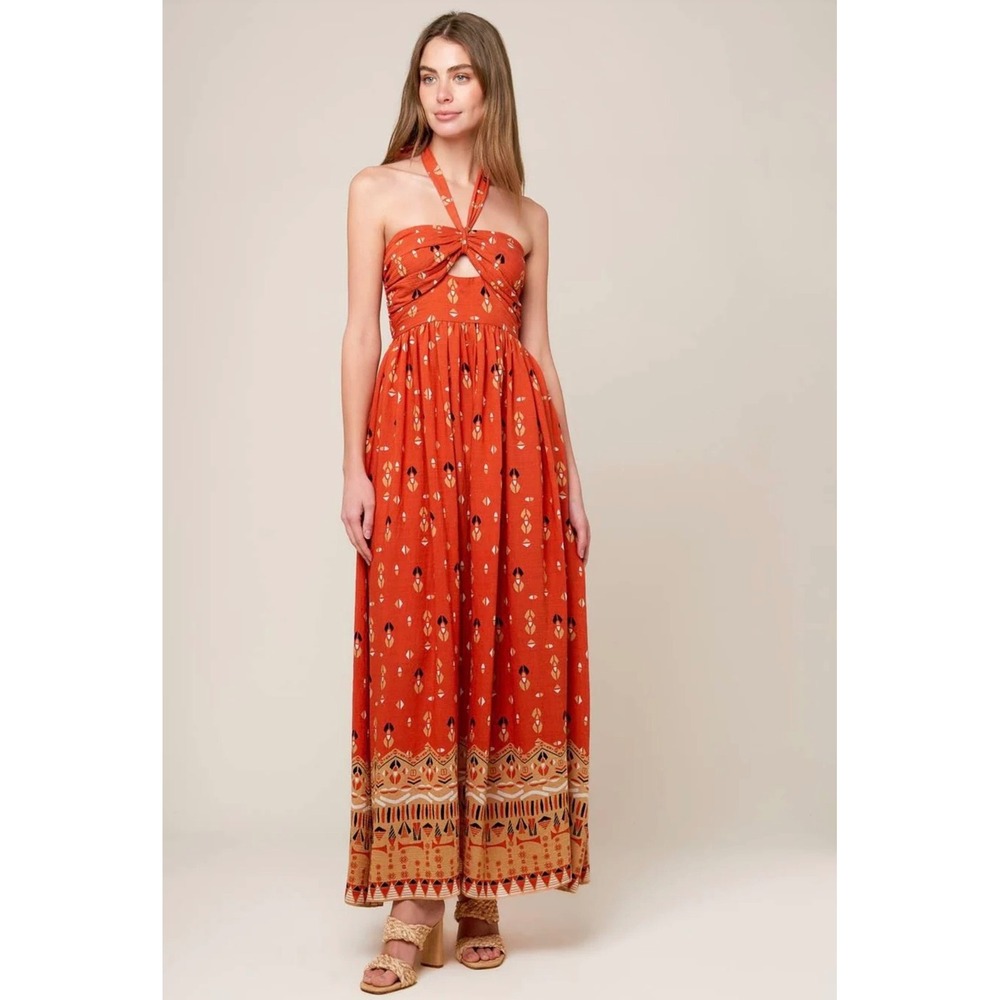 Anthro Flying Tomato Sidewalk Cafe Terracotta Woven Maxi Dress Halter Cutout S - Picture 1 of 9